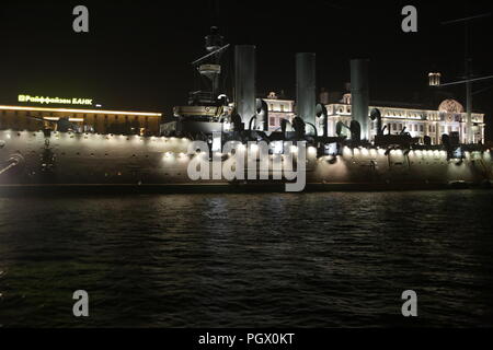 Russian battleship Aurora or Avrora. This is museum ship in Saint Petersburg on river Neva. Stock Photo