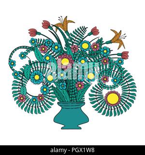 Vector plants, leaves, flowers in a vase. Vector still life. Doodle plants Stock Vector