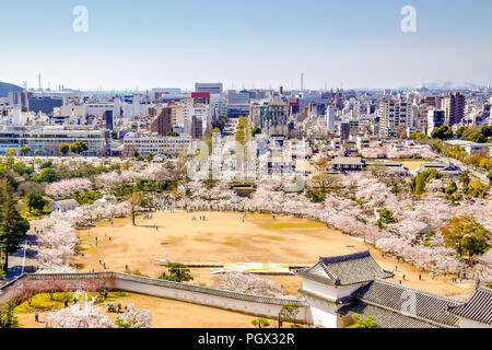 Aerial view of Himeji City from Himeji Castile in cherry blossom season. Stock Photo