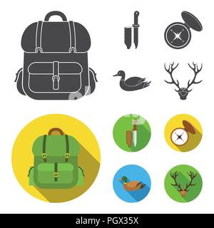 Knife with a cover, a duck, a deer horn, a compass with a lid.Hunting set collection icons in black, flat style vector symbol stock illustration . Stock Vector