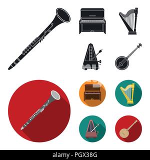 Banjo, piano, harp, metronome. Musical instruments set collection icons in black, flat style vector symbol stock illustration . Stock Vector