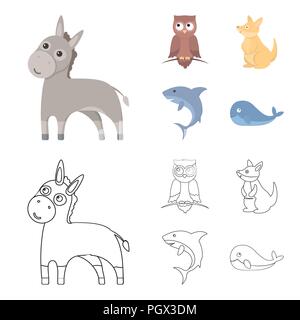 Donkey, owl, kangaroo, shark.Animal set collection icons in cartoon,outline style vector symbol stock illustration . Stock Vector
