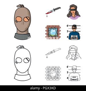 A thief in a mask, a bloody knife, a hostage, an escape from prison.Crime set collection icons in cartoon,outline style vector symbol stock illustrati Stock Vector