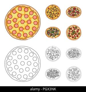 Pizza with meat, cheese and other filling. Different pizza set collection icons in cartoon,outline style vector symbol stock illustration . Stock Vector