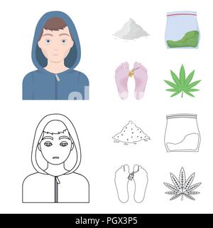 Addict, cocaine, marijuana, corpse.Drug set collection icons in cartoon,outline style vector symbol stock illustration . Stock Vector