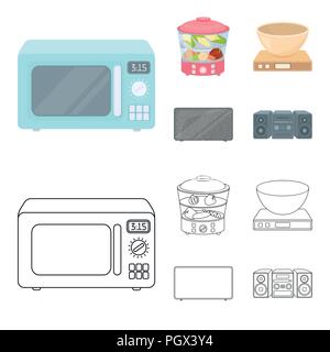 Steamer, microwave oven, scales, lcd tv.Household set collection icons in cartoon,outline style vector symbol stock illustration . Stock Vector