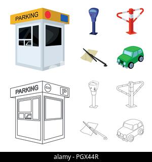 A parking lot, a parking meter, a check for services, a barrier. Parking zone set collection icons in cartoon,outline style vector symbol stock illust Stock Vector