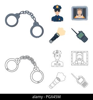 Handcuffs, policeman, prisoner, flashlight.Police set collection icons in cartoon,outline style vector symbol stock illustration . Stock Vector
