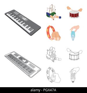 Synthesizer melodies, bagpipes Scotch and other  icon in cartoon,outline style. drum, drum roll, tambourine in hand icons in set collection. Stock Vector