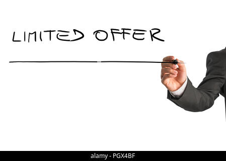 Male hand writing Limited offer on virtual whiteboard. Isolated over white background. Stock Photo