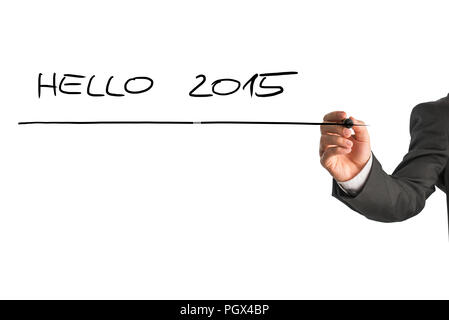 Male hand writing Hello 2015 on virtual whiteboard. Isolated over white background. Stock Photo