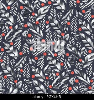 White hand drawn abstract Christmas foliage, red holy berries on dark background vector seamless pattern. Winter Holiday Print. Abstract linocut pine  Stock Vector