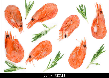 Red cooked prawn or shrimp with rosemary isolated on white background. Top view. Flat lay Stock Photo