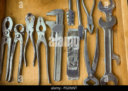 Collection of old but high quality and well maintained tools. Stock Photo