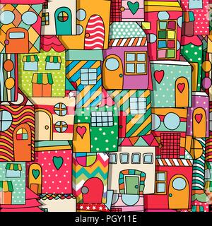 Whimsical childlike style houses seamless pattern Stock Vector