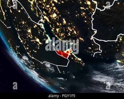 United Arab Emirates at night from space with visible country borders. 3D illustration. Elements of this image furnished by NASA. Stock Photo