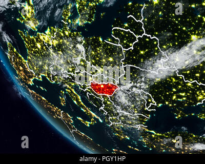 Hungary at night from space with visible country borders. 3D illustration. Elements of this image furnished by NASA. Stock Photo