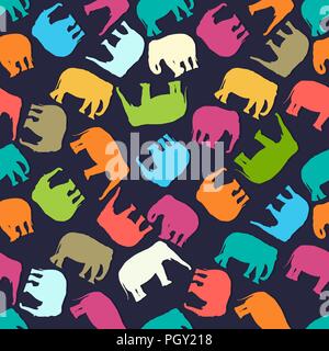 Seamless pattern design with elephant silhouettes in colors Stock Vector