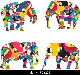 Elephants silhouettes made of circles on white background Stock Vector
