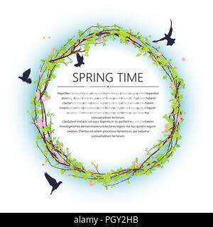Spring time circle wreath or frame with flower branches and pigeons silhouettes on white Stock Vector