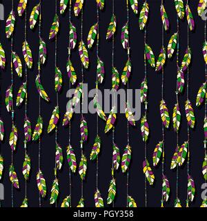 Mardi Gras seamless pattern with bright colored feathers and beads against white background Stock Vector