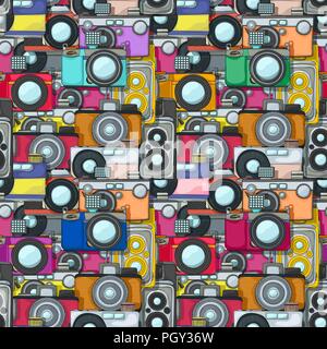 Seamless pattern with colored vintage cameras Stock Vector