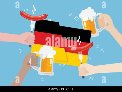 Germany flag with a glass of beer and sausage. Vector illustration Stock Vector