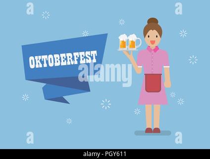 Oktoberfest with Waitress character serving glass of beer. Greeting card Stock Vector