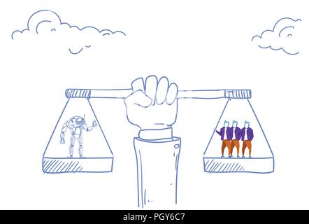 human hand holding balance scales human vs modern robot competition artificial intelligence concept sketch doodle horizontal Stock Vector