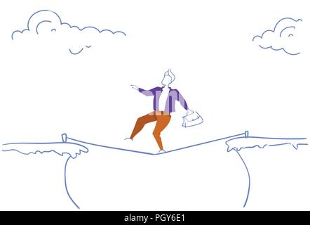 Businessman walking over cliff gap mountain abyss business man balancing rope risk concept doodle sketch horizontal Stock Vector
