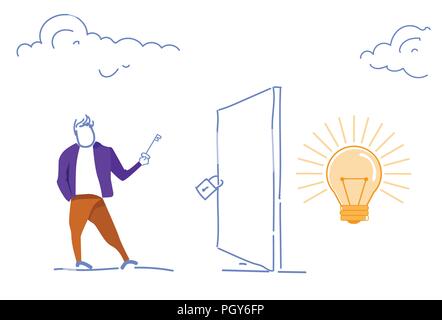 Businessman Holding Key Unlock Padlock Closed Door Success Access Concept Open New Opportunities Horizontal Sketch Doodle Stock Vector Image Art Alamy