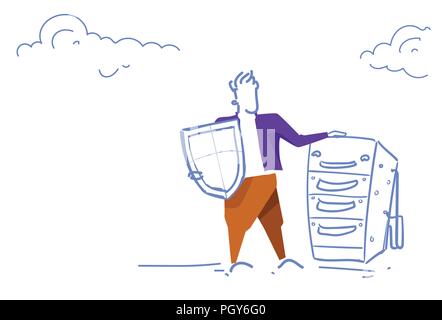 businessman holding shield over data hosting server computer technology network database business man security protection concept horizontal sketch doodle Stock Vector