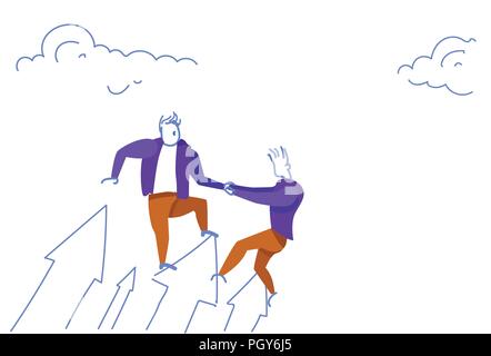 Two businessmen stand financial arrow up abyss holding helping hands successful business team development growth sketch doodle Stock Vector
