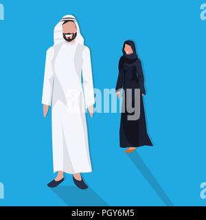 Arabic business man woman icon wearing traditional clothes arab couple standing together cartoon character avatar blue background flat Stock Vector