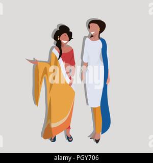 indian women bindi standing together communication concept woman national traditional clothes female cartoon character full length flat Stock Vector