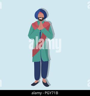 indian man standing praying in national traditional clothes male cartoon character full length flat Stock Vector