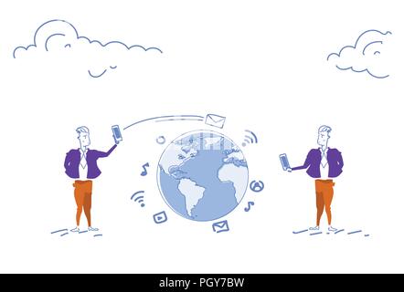 two businessmen using smartphone global chat communication concept online mobile application send message internet world map people connection horizontal sketch doodle Stock Vector