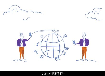 two businessmen using smartphone global chat communication concept online mobile application send message internet world map people connection horizontal sketch doodle Stock Vector