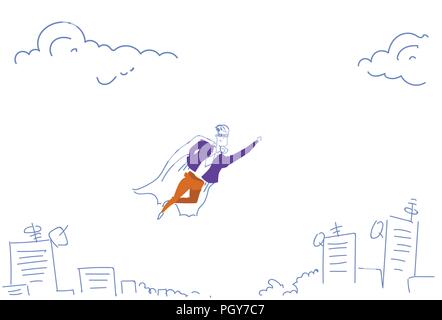 businessman dressed superhero cloak flying up startup concept cityscape background team leader character sketch doodle horizontal Stock Vector