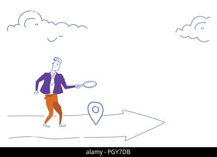 Businessman holding magnifying zoom glass search geo tag location business arrow destination concept horizontal sketch doodle Stock Vector