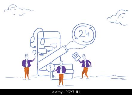 businessmen support online service 24 hours concept mobile application internet call center chat communication smartphone headphones team working process sketch doodle horizontal Stock Vector