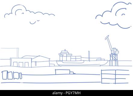 Industrial sea port cargo freight ship crane water delivery transportation concept warehouse shipping dock sketch doodle horizontal Stock Vector