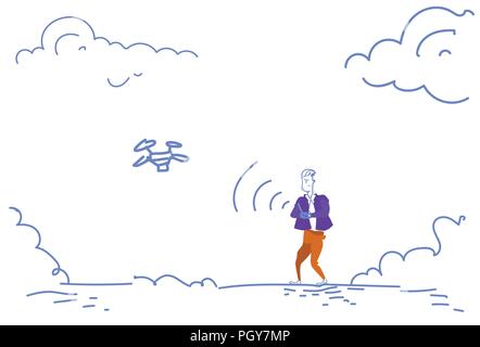 Man hold remote control launching drone flying air quadrocopter sketch doodle horizontal Stock Vector