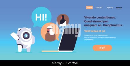 Chat bot using laptop computer speech bubble arab man woman communication modern robot virtual assistance website mobile applications artificial intelligence concept flat horizontal copy space Stock Vector