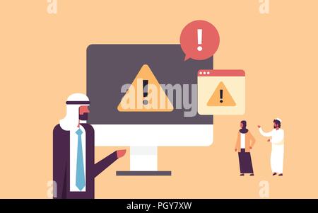 warning notification concept danger piracy error arabic businessman problem solution exclamation mark sign security message flat horizontal Stock Vector