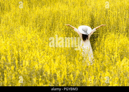 Back view of beauty woman with white wing hat and white dress in the flower meadow. People and Fashion concept. Nature and relaxation theme. Happiness Stock Photo