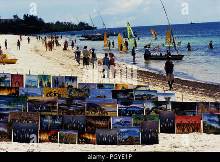 Paint exibition on sale at Kilifi beach, north of Mombasa, Kenya Stock Photo