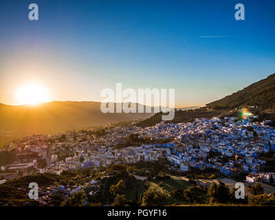 Skyline of Chefchaouen Morocco during sunset Stock Photo