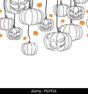 Pumpkins in black outline hang from top and orange silhouette pumpkin random on white background.  Background or poster design for halloween event in  Stock Vector