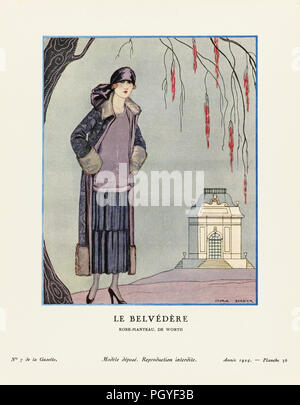 Le Belvédère.  The Belvedere.  Robe-manteau, de Worth.  Dress-coat by Worth.  Art-deco fashion illustration by French artist George Barbier, 1882-1932.  The work was created for the Gazette du Bon Ton, a Parisian fashion magazine published between 1912-1915 and 1919-1925. Stock Photo